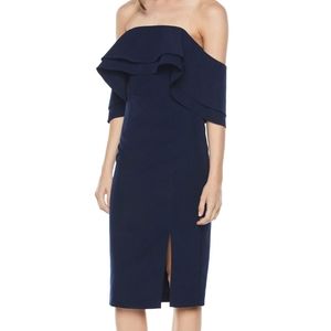 Navy Blue Bardot Band Ruffle Off the Shoulder Dress